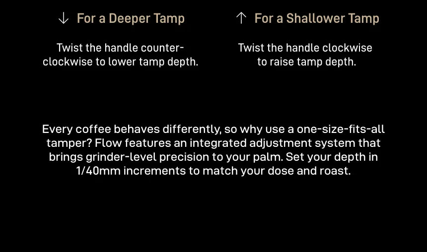 Twist the handle counter-clockwise for a deeper tamp or clockwise for a shallower tamp; an integrated adjustment system sets depth in 1/40 mm steps to match your dose and roast