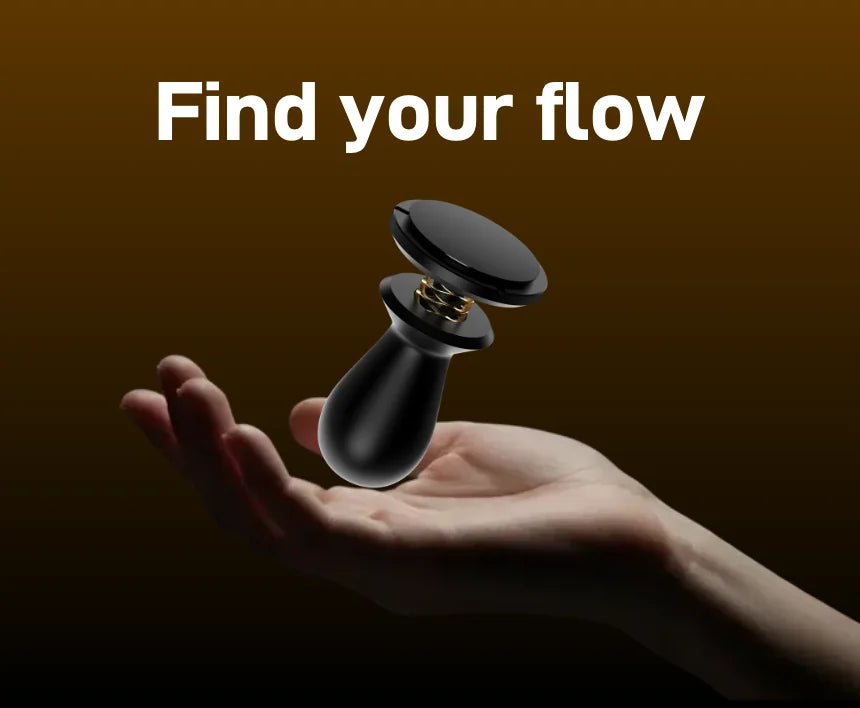 'Find your flow' — a hand holding the black TIMEMORE × Anthony Douglas FLOW tamper against an amber background