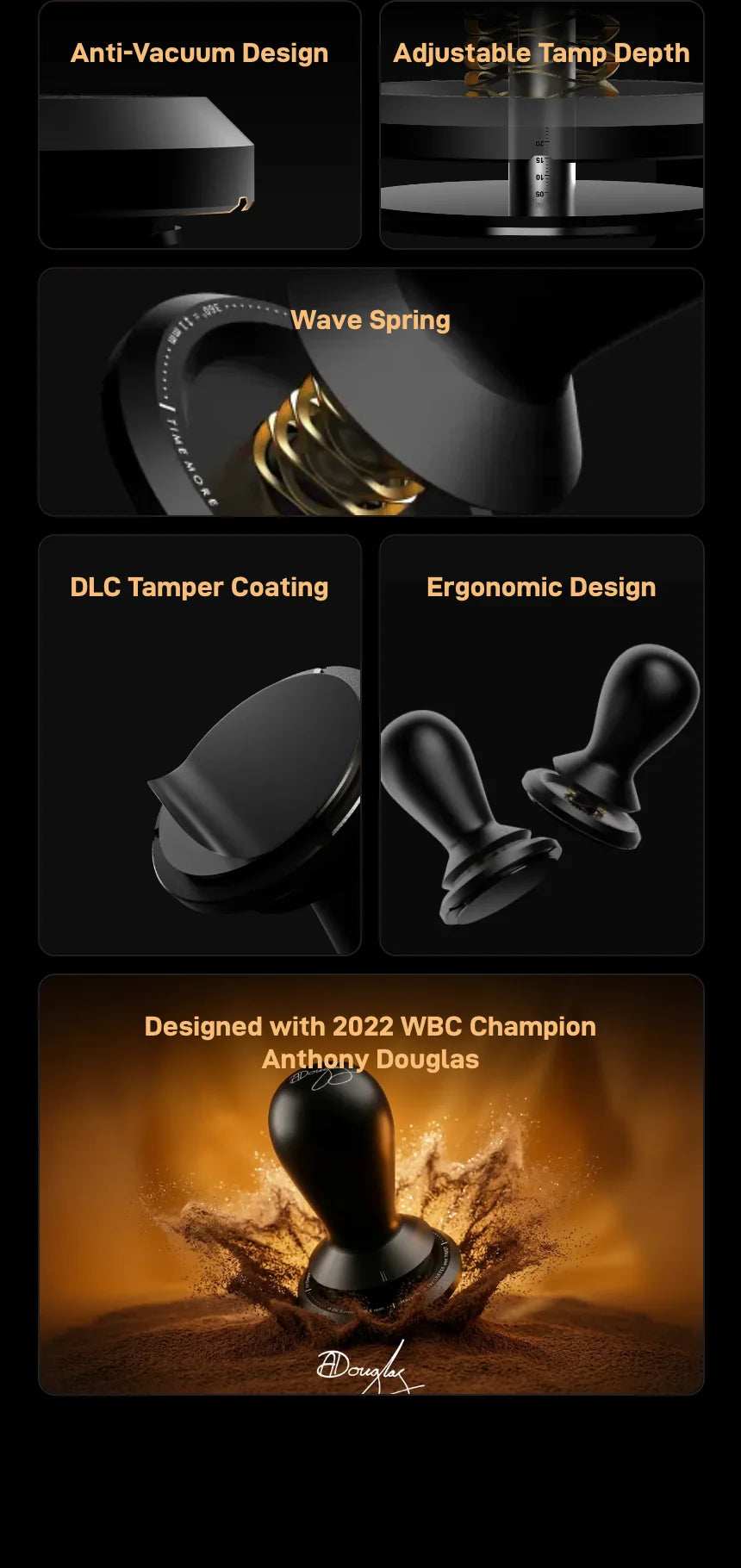 Feature cards for the Flow tamper: Anti-Vacuum Design, Adjustable Tamp Depth, Wave Spring, DLC Tamper Coating, Ergonomic Design, and the tamper rising through a burst of coffee grounds, designed with 2022 WBC champion Anthony Douglas