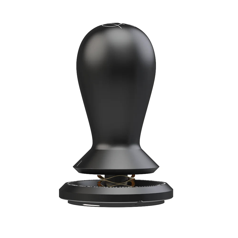 Black TIMEMORE × Anthony Douglas FLOW self-leveling tamper standing upright on a white background, with a black teardrop handle, tapered collar, gold wave spring and a 58.5mm black base