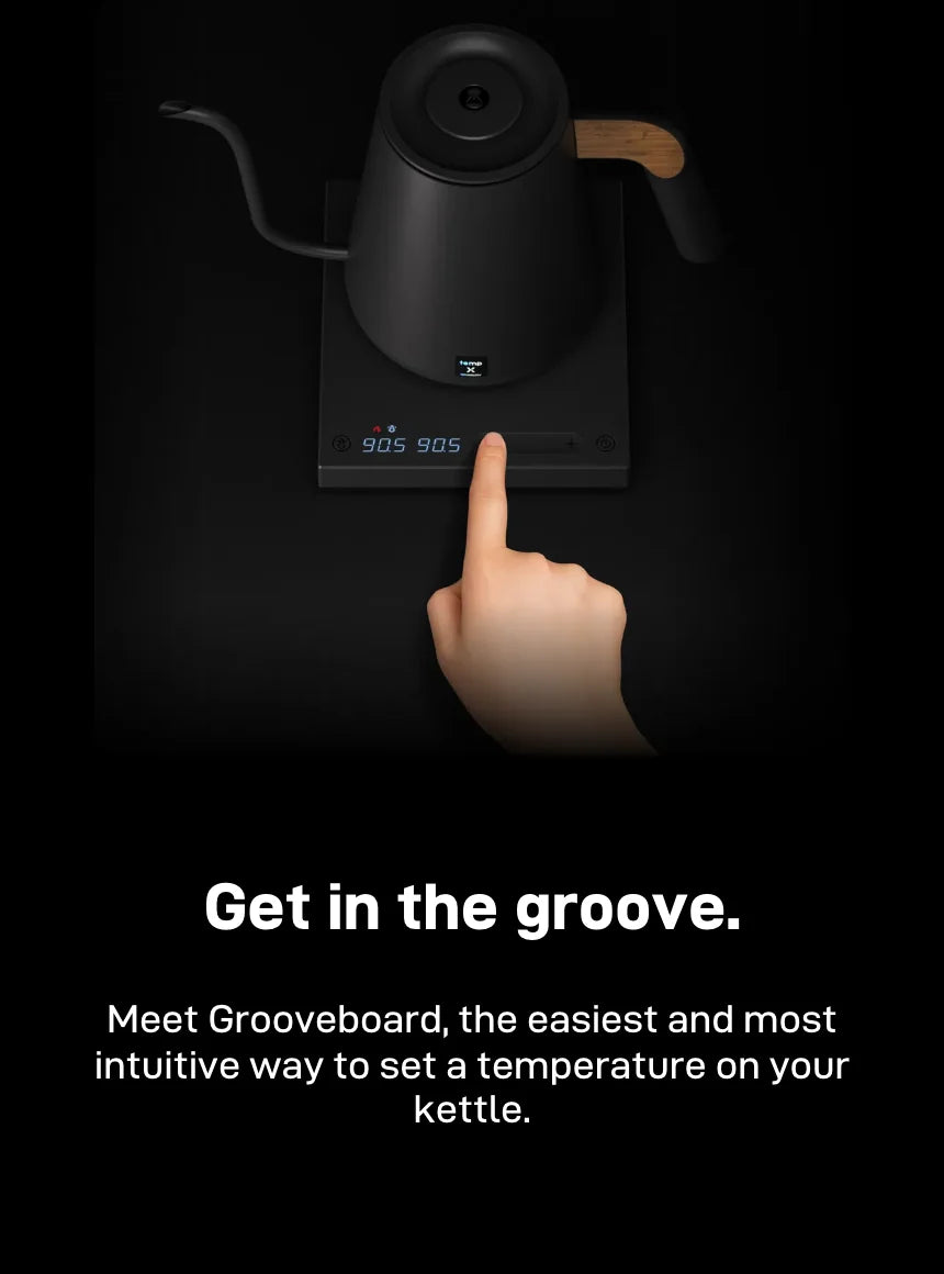 'Get in the groove.' — a finger on the Grooveboard of the black Fish Pro X base; Grooveboard is the easiest, most intuitive way to set a temperature on the kettle