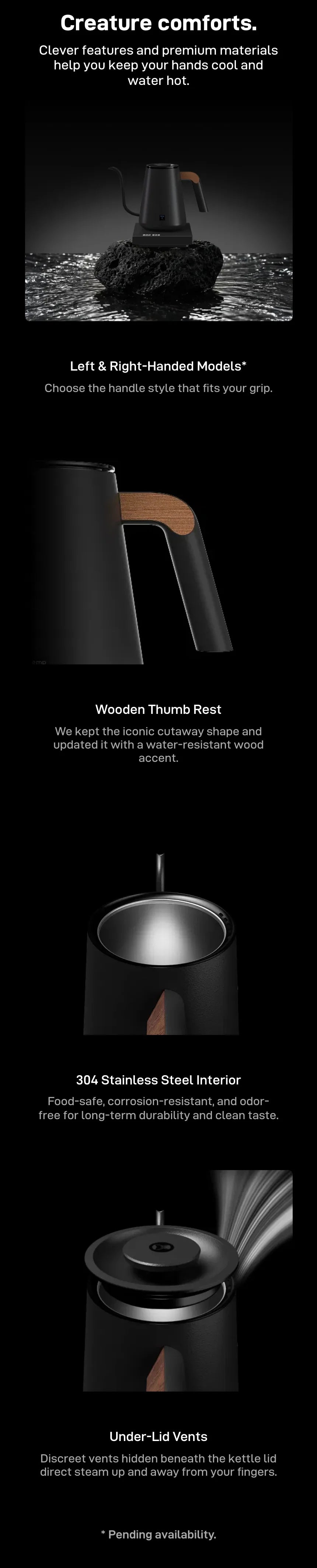 'Creature comforts.' — the Fish Pro X on a rock in dark water; Left & Right-Handed Models (pending availability) with a close-up of the cutaway handle; Wooden Thumb Rest with a water-resistant wood accent; 304 Stainless Steel Interior, food-safe, corrosion-resistant and odour-free; Under-Lid Vents directing steam up and away from your fingers