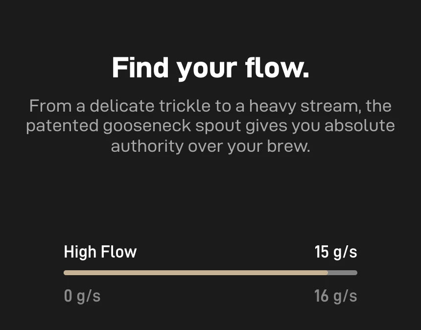 'Find your flow.' — the patented gooseneck spout runs from a delicate trickle to a heavy stream; High Flow: 15 g/s