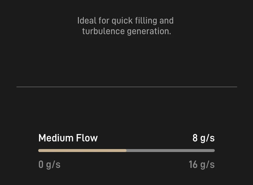 High flow is ideal for quick filling and turbulence generation; Medium Flow: 8 g/s