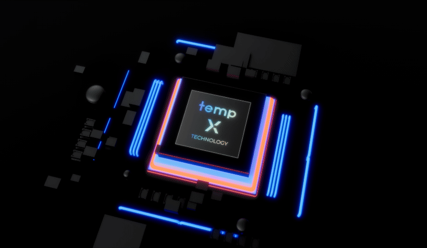 Animated: the glowing tempX control chip at the centre of pulsing blue circuit traces inside the Fish Pro X