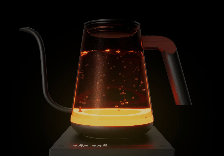 Animated: cutaway view of the Fish Pro X on its base with the water inside glowing and bubbling as it heats
