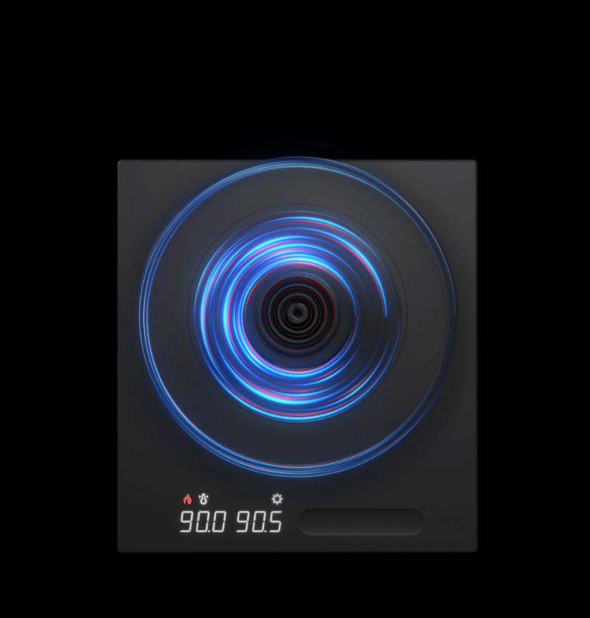Animated: 'Engineered around 0.5°C' — blue heat rings pulsing above the Fish Pro X power base showing 90.0 / 90.5 on its display