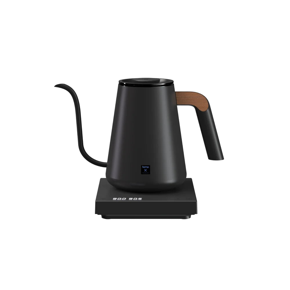 TIMEMORE Fish Pro X electric pour over kettle in Black on its power base, gooseneck spout and cutaway handle with wooden thumb rest