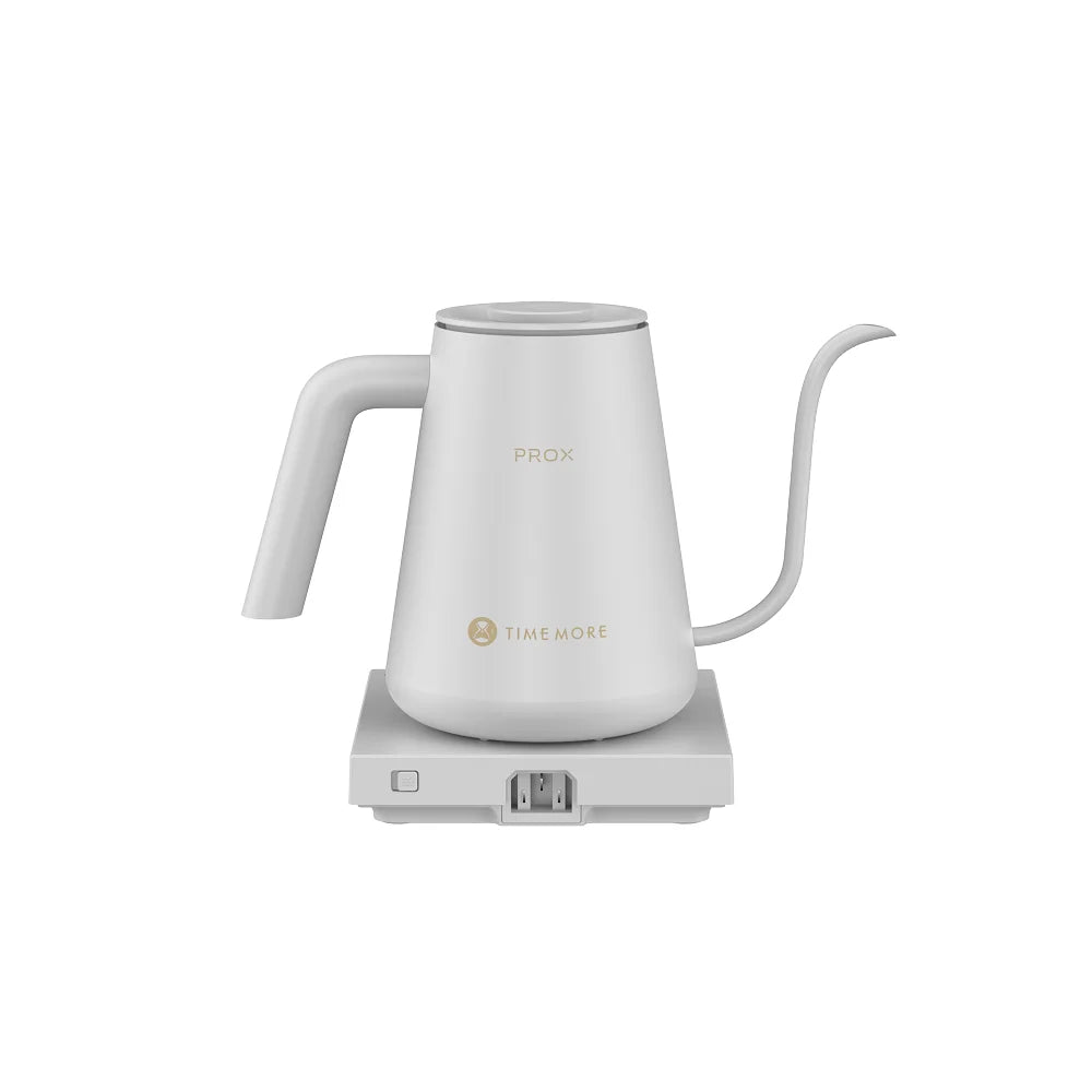 TIMEMORE Fish Pro X kettle profile studio view on its power base, showing the precision gooseneck spout