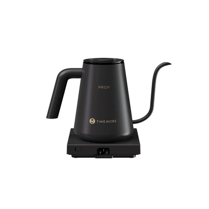 TIMEMORE Fish Pro X kettle profile studio view on its power base, cutaway handle and gooseneck spout