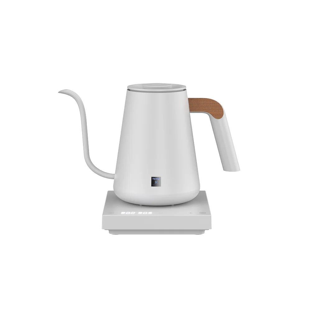 TIMEMORE Fish Pro X electric pour over kettle in White on its power base, gooseneck spout and cutaway handle with wooden thumb rest