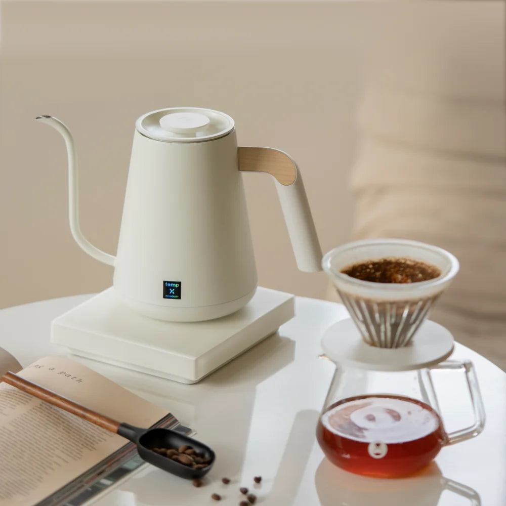 TIMEMORE Fish Pro X kettle with a cone dripper and glass server, ready for a filter brew