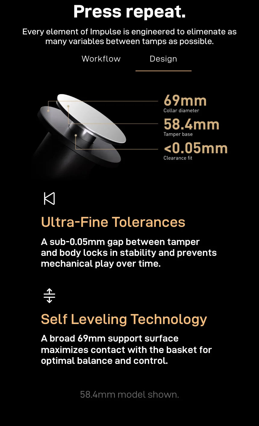 'Press repeat.' (Design tab) — a 69 mm collar diameter, 58.4 mm tamper base and under 0.05 mm clearance fit; Ultra-Fine Tolerances lock in stability, and Self Leveling Technology uses a broad 69 mm support surface for balance and control