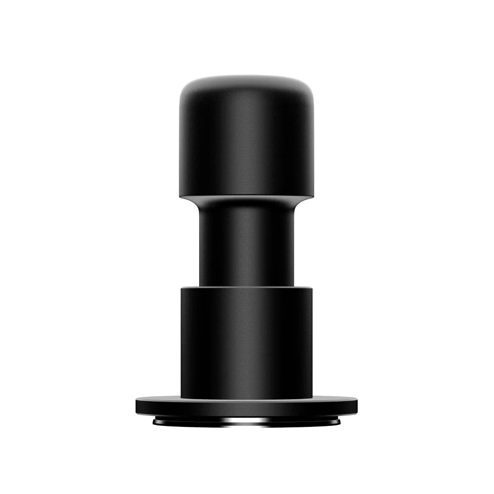 Front view of the black Impulse Impact Tamper on a white background: a rounded anodised aluminium grip over a stepped body and a flat round base