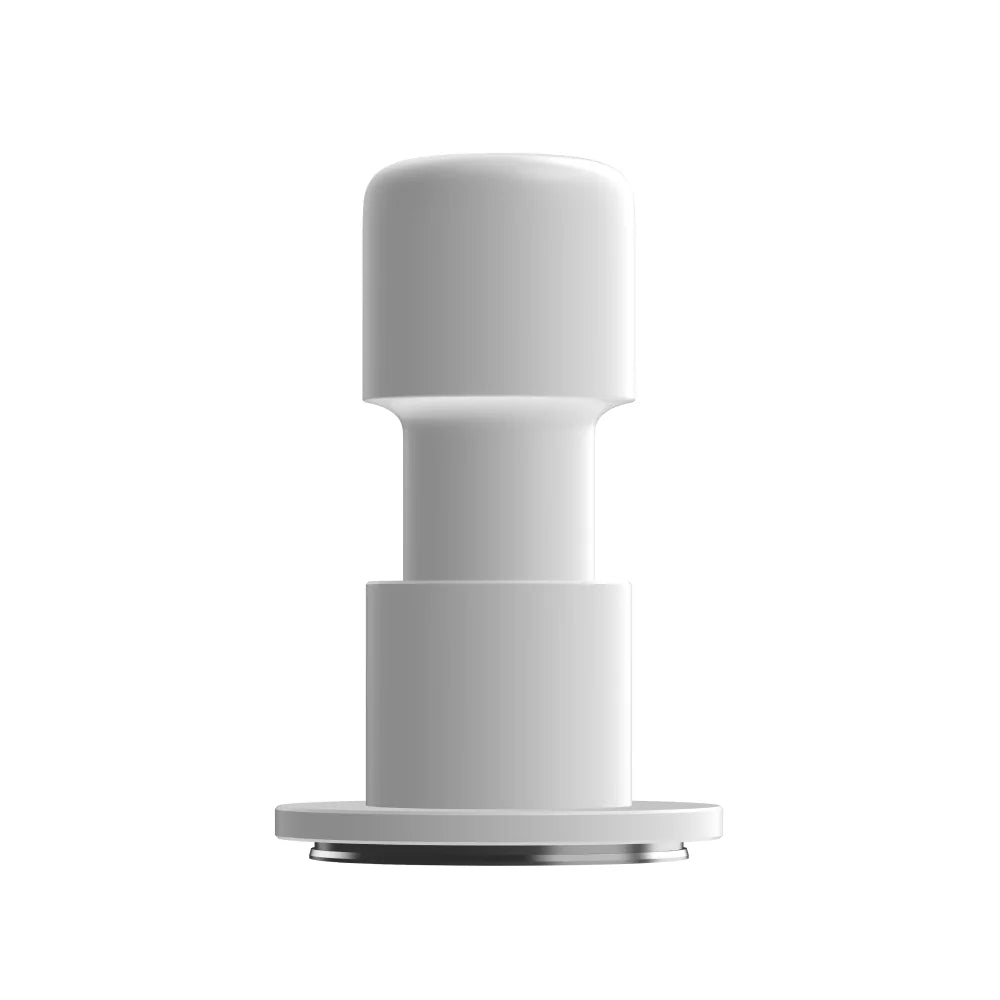 Front view of the white Impulse Impact Tamper on a white background: a rounded anodised aluminium grip over a stepped body and a flat round base