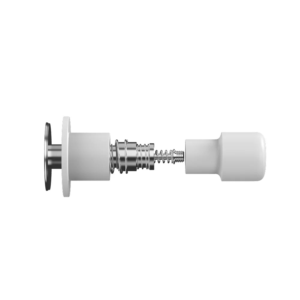 Exploded view of the white Impulse Impact Tamper showing the stainless steel base, the internal dual springs and the aluminium grip pulled apart