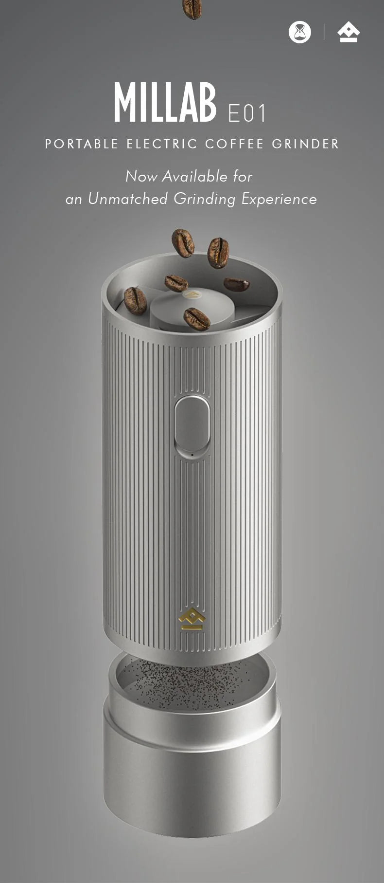 MILLAB E01 portable electric coffee grinder title card: silver grinder with coffee beans falling into its open top