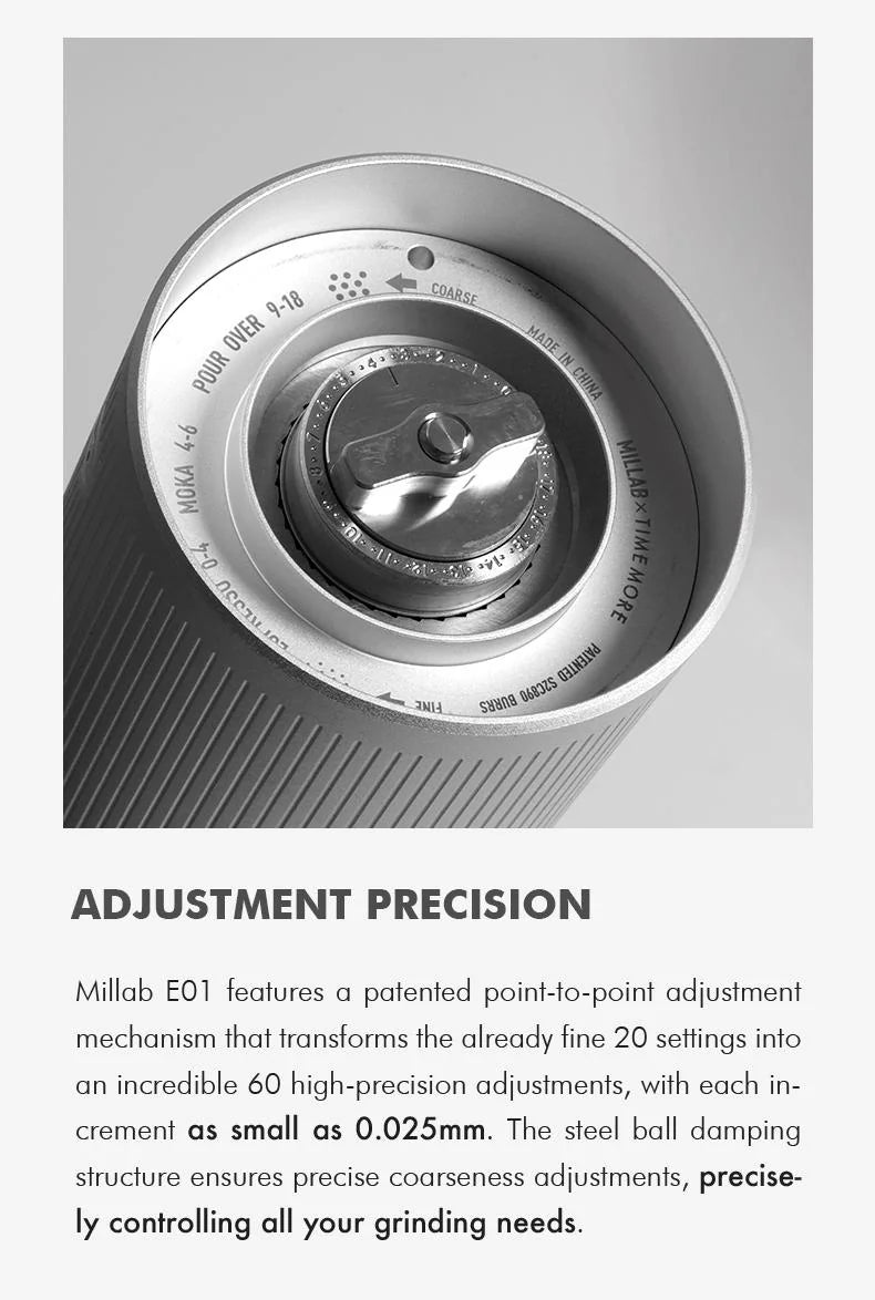 Adjustment precision: point-to-point mechanism turns 20 numbered settings into 60 steps of 0.025 mm, with steel ball damping