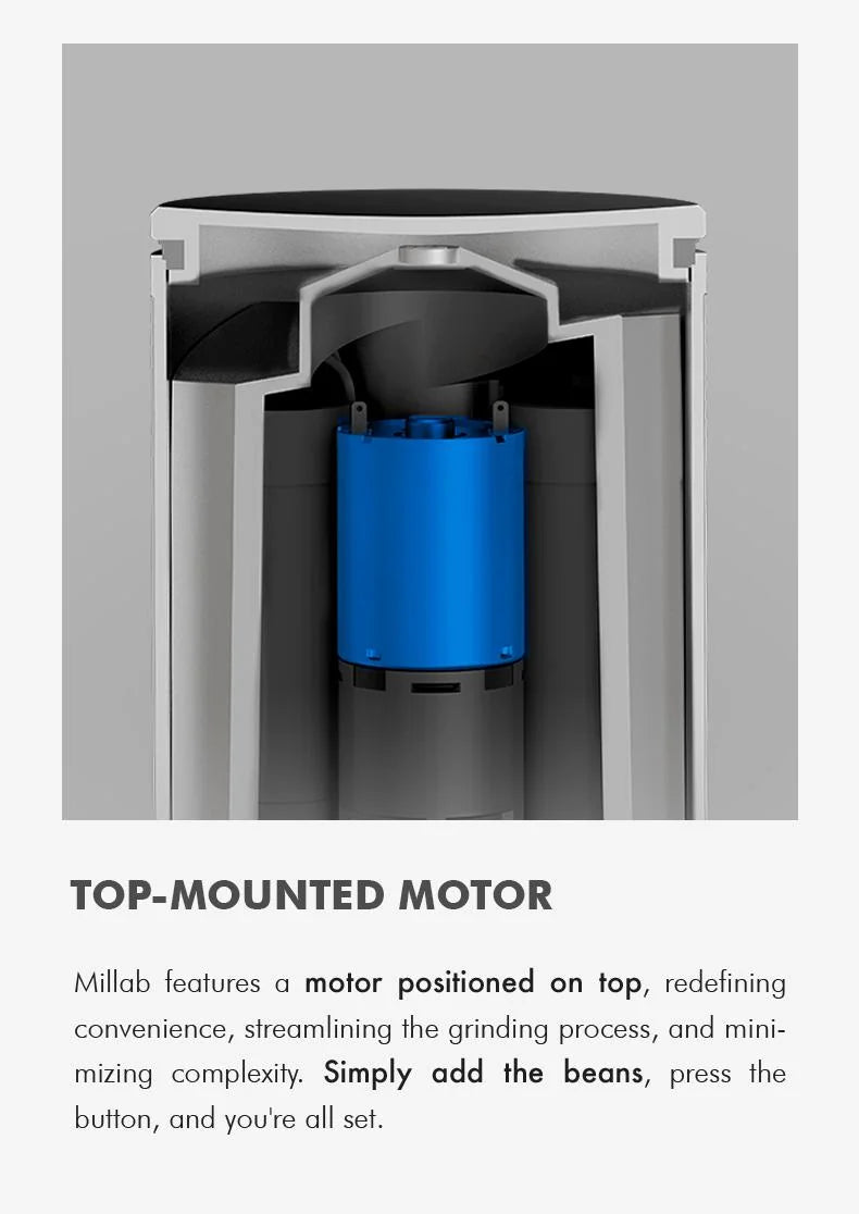 Top-mounted motor: cutaway showing the motor above the burr, so beans go straight in and one button starts grinding