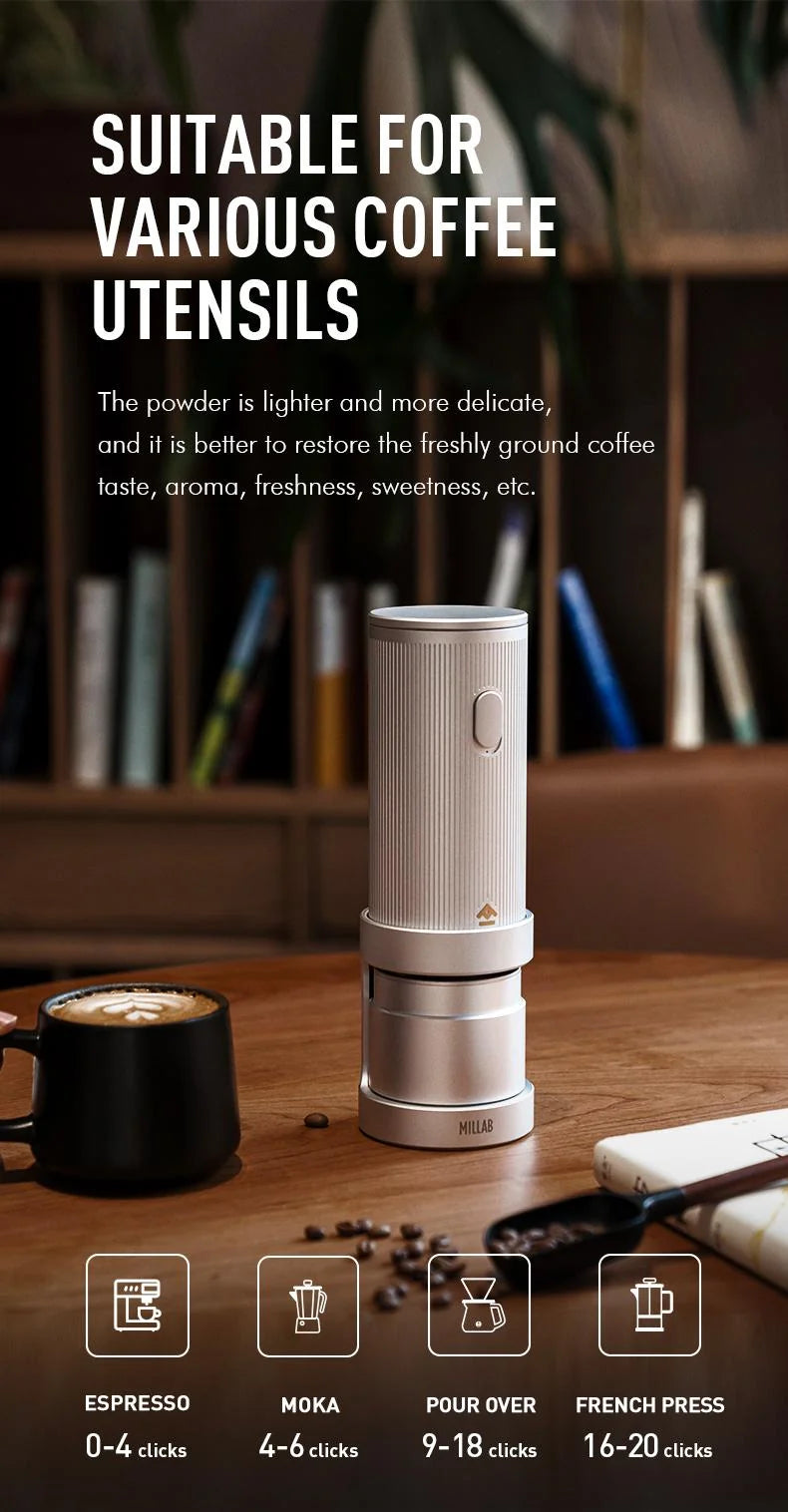 Grind settings by brewer: espresso 0-4 clicks, moka pot 4-6, pour over 9-18, French press 16-20