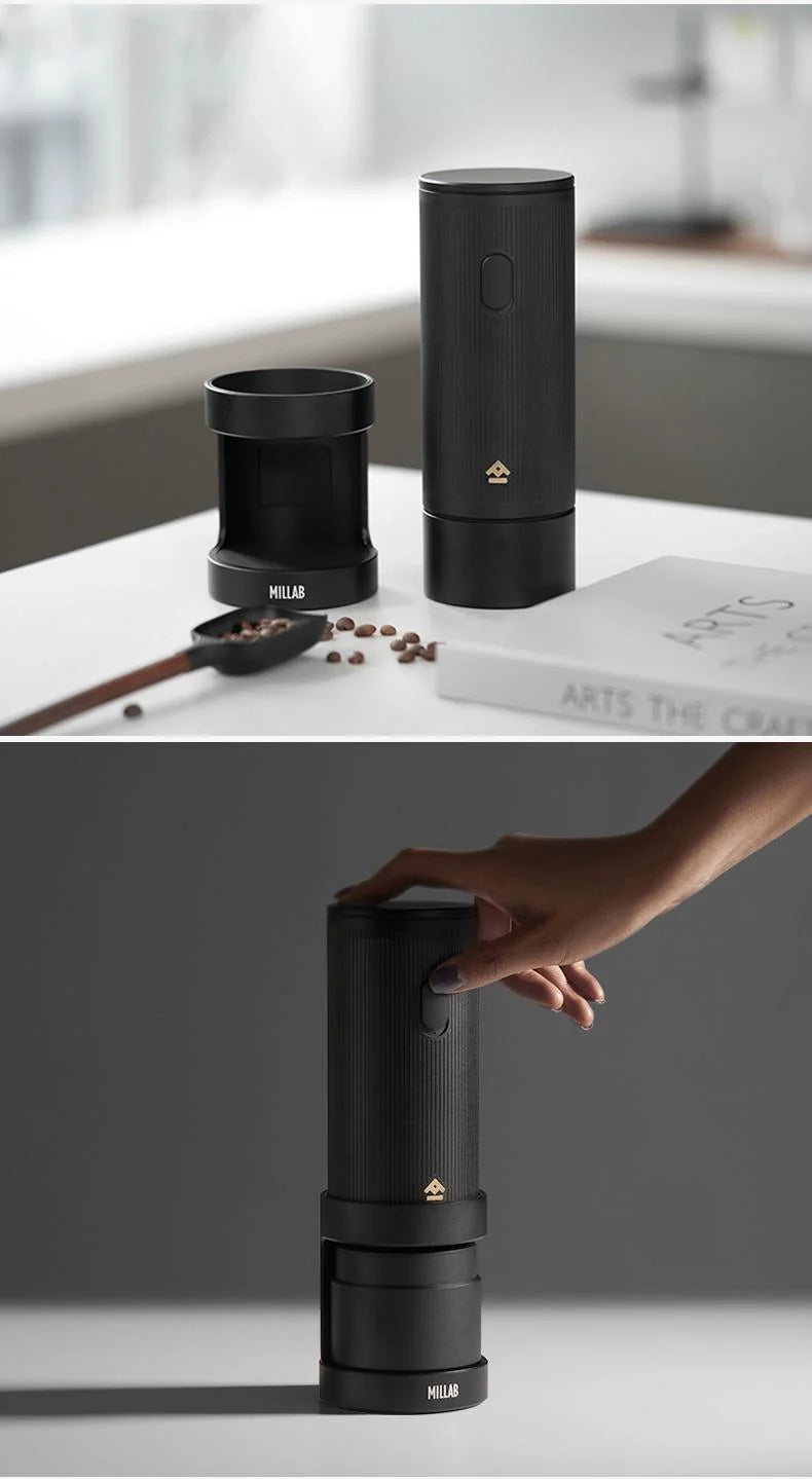 Black MILLAB E01 grinder body beside its stand, and a hand pressing the top of the black grinder on its stand