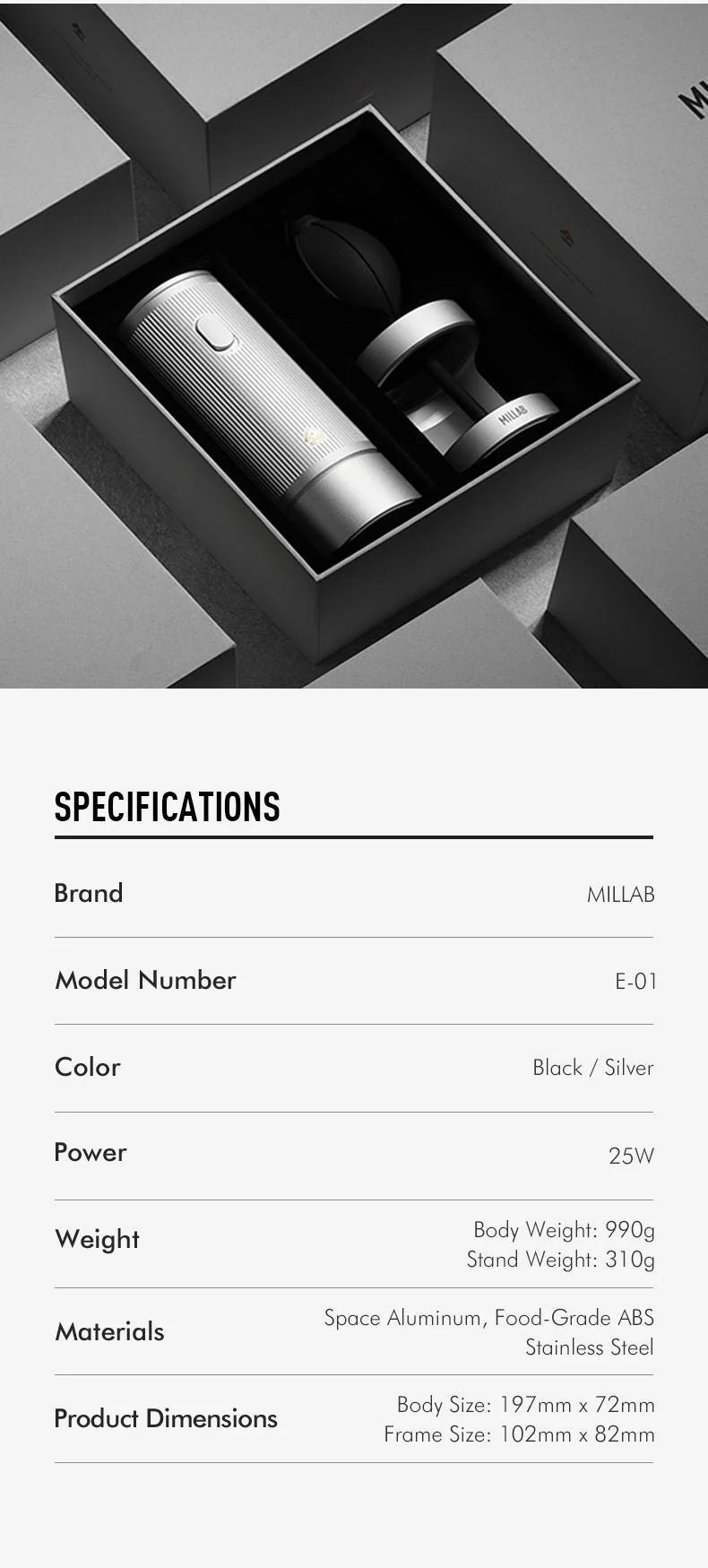 MILLAB E01 gift box holding the silver grinder, stand and air blower, with the specification table: 25 W, 990 g body, 310 g stand, 197 x 72 mm