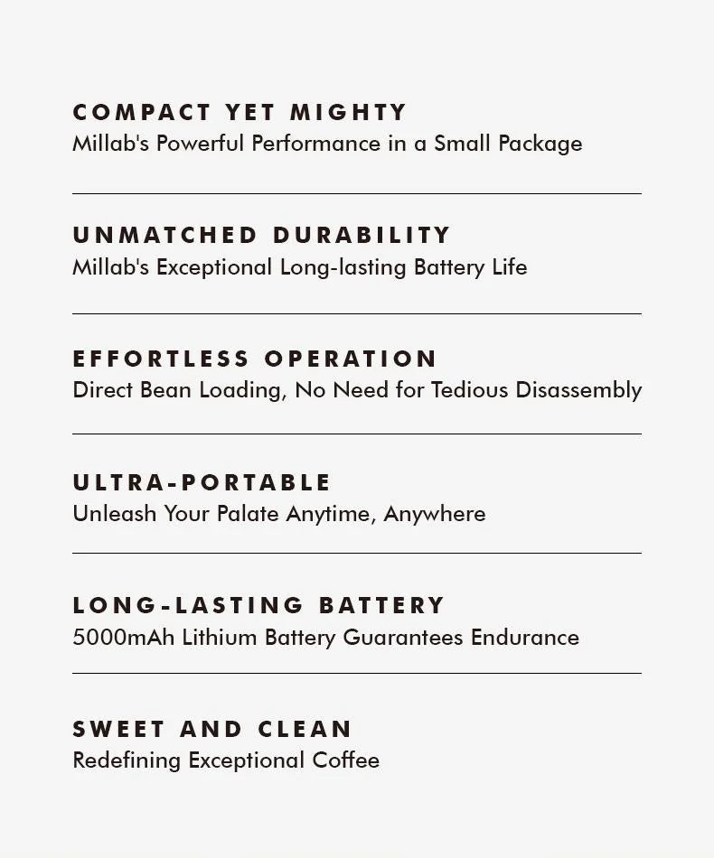 MILLAB E01 feature summary: compact yet mighty, long-lasting battery, direct bean loading, ultra-portable, sweet and clean coffee