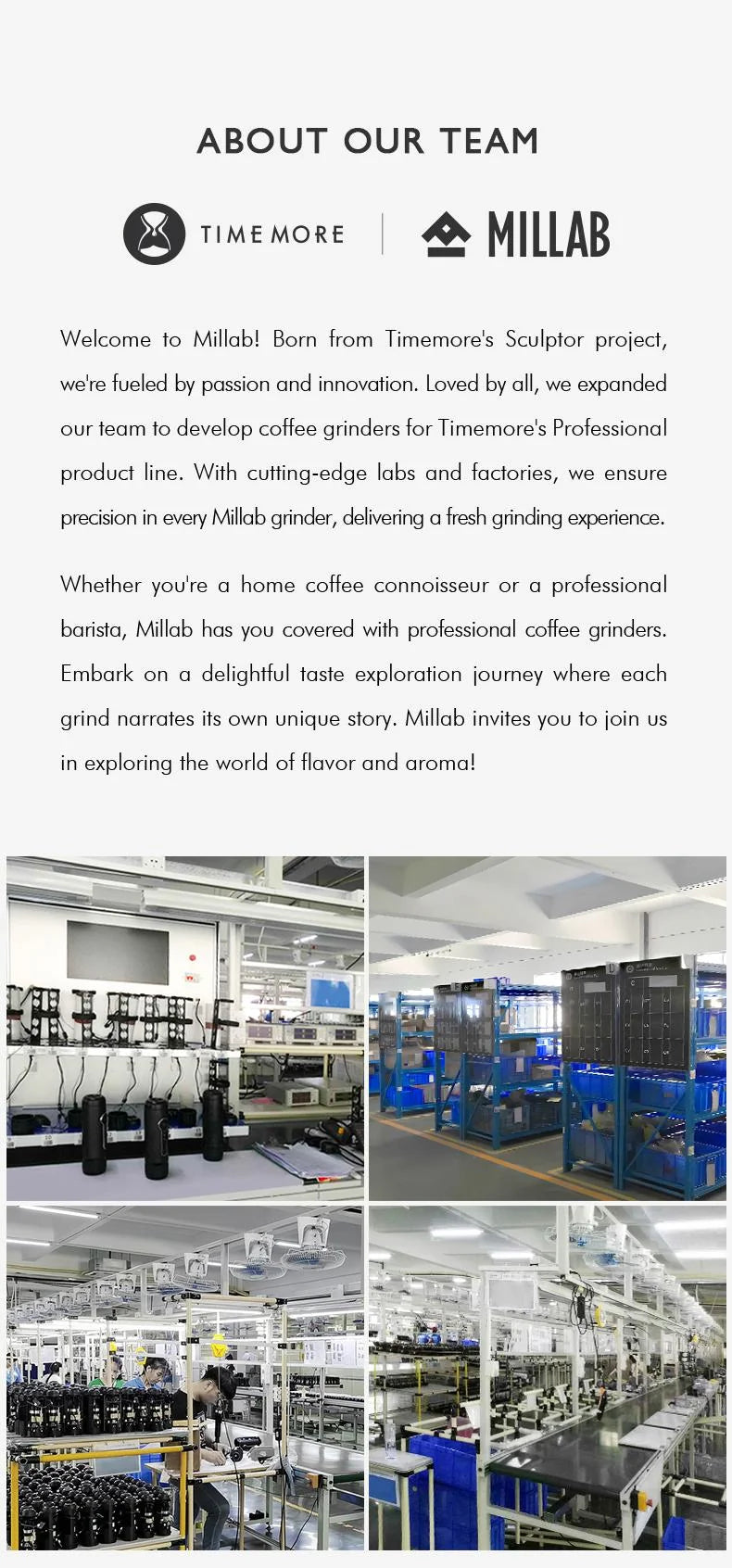 About the team: TIMEMORE and MILLAB logos, the MILLAB story and photos of the grinder test lab and assembly lines