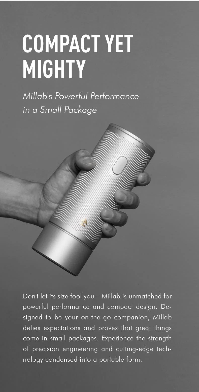 Compact yet mighty: a hand holding the silver MILLAB E01 grinder body to show its small size