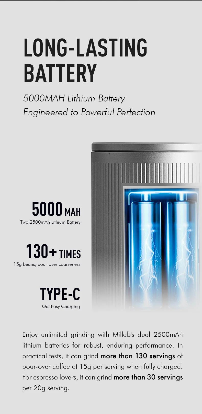 Long-lasting battery: cutaway of two 2500 mAh lithium cells, 5000 mAh in total, 130+ pour-over doses of 15 g, USB Type-C charging