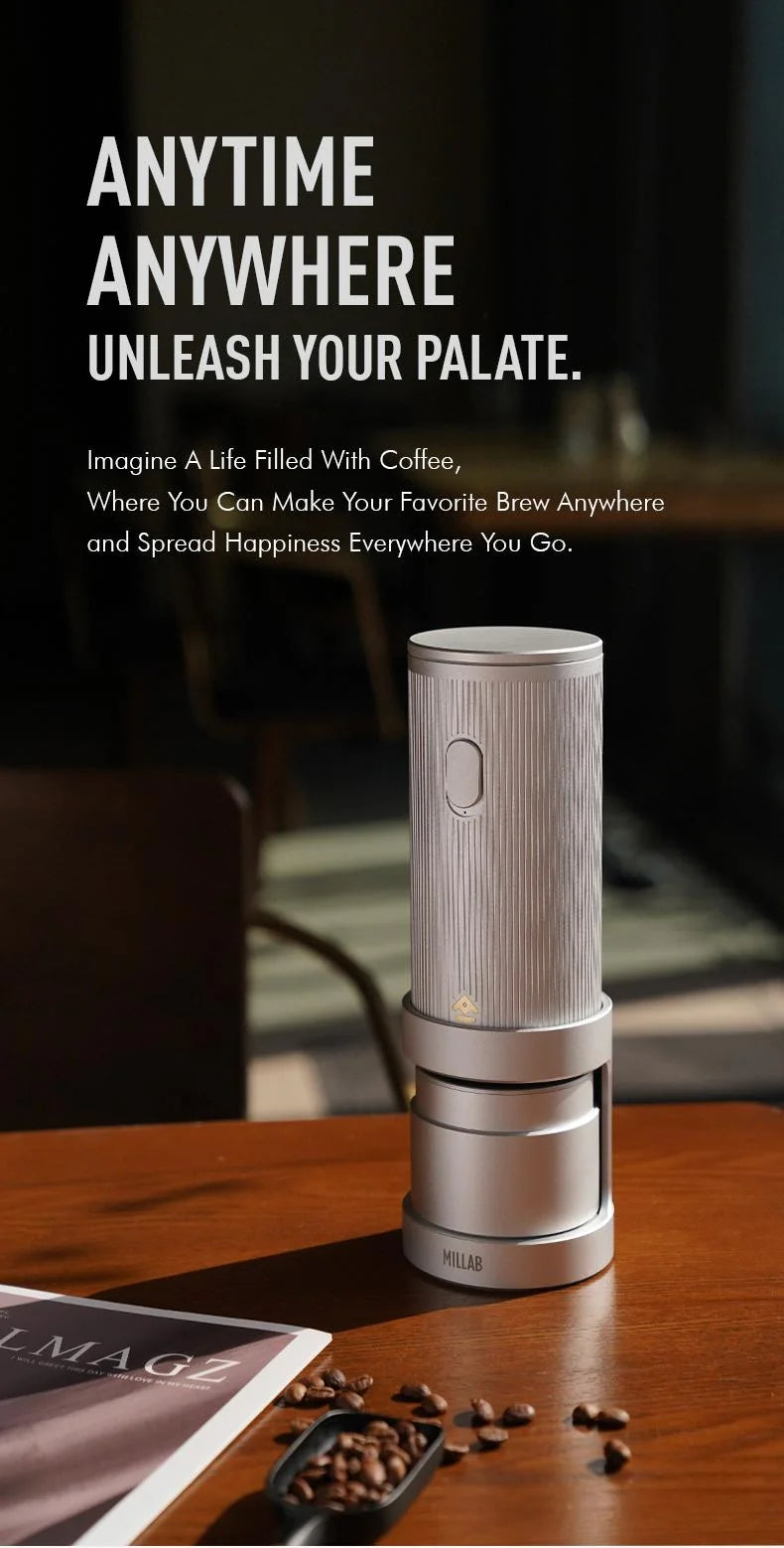 Anytime, anywhere: silver MILLAB E01 on its stand on a café table in evening light