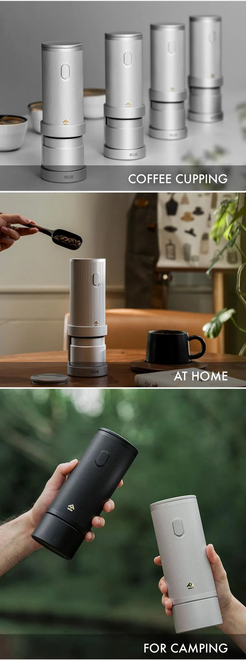 MILLAB E01 in use for coffee cupping, at home and on a camping trip