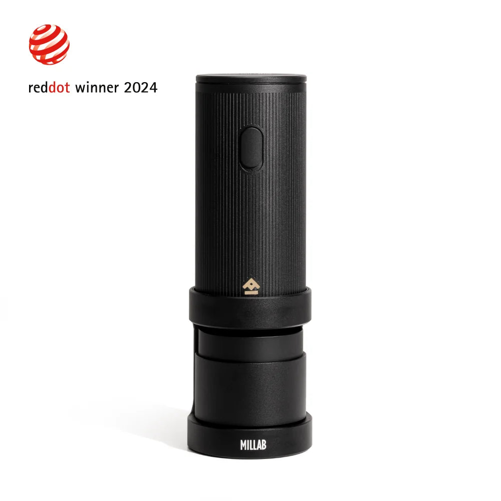 TIMEMORE x MILLAB E01 portable electric coffee grinder in Black on its stand, front studio view