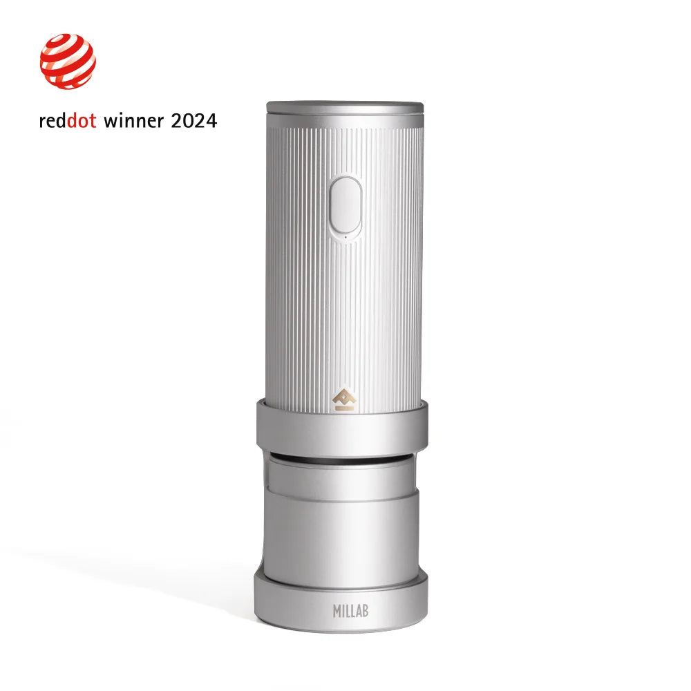 TIMEMORE x MILLAB E01 portable electric coffee grinder in Silver on its stand, front studio view