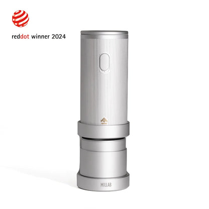 TIMEMORE x MILLAB E01 portable electric coffee grinder in Silver on its stand, front studio view