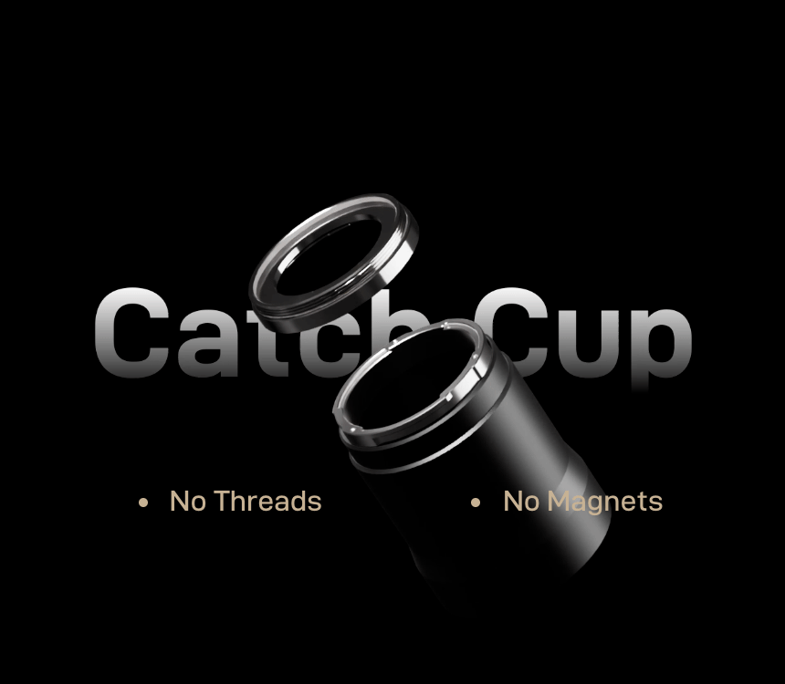 Animated M01 catch cup twisting onto the body over the words Catch Cup, labelled No Threads and No Magnets