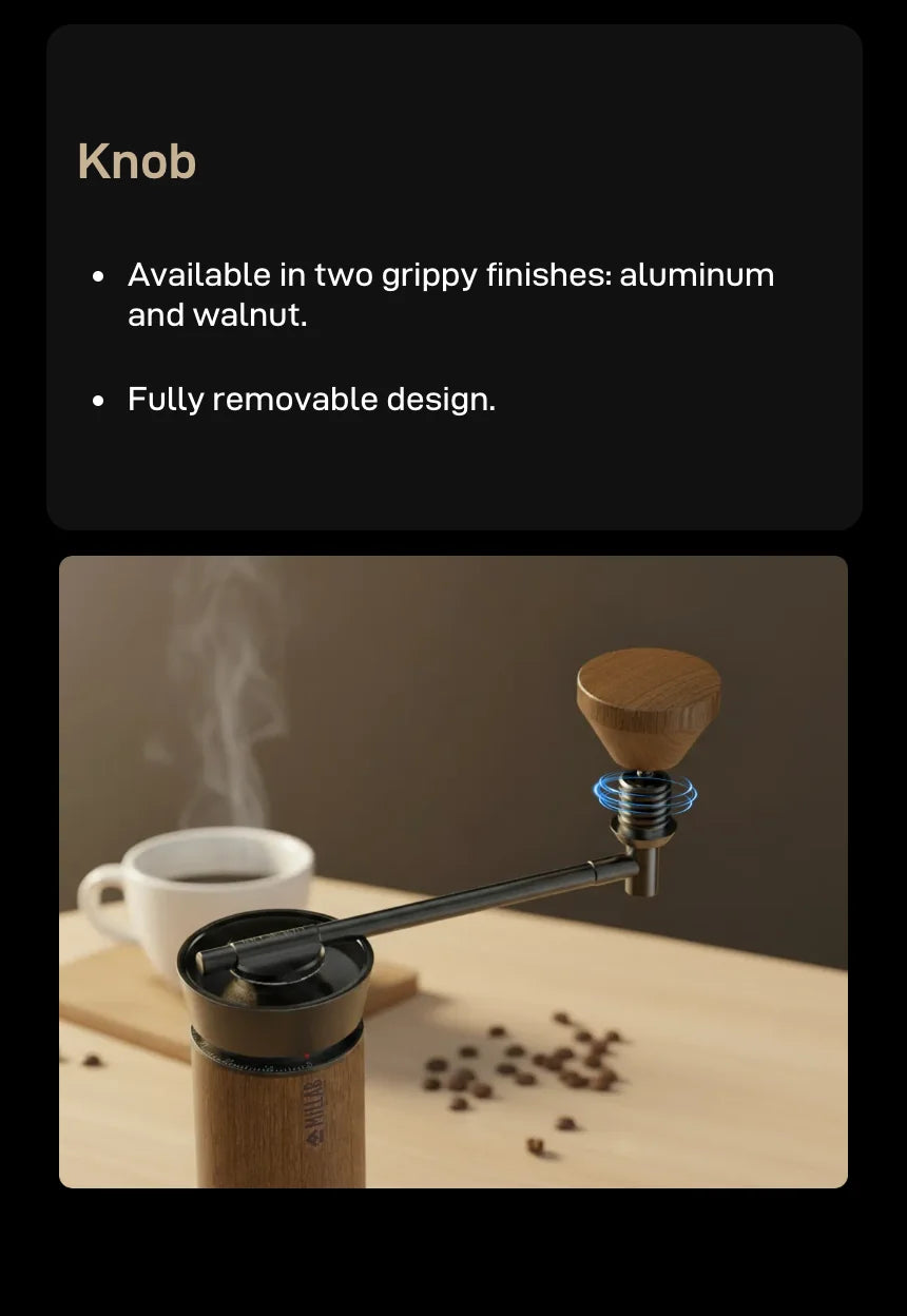 What's new — Knob: available in aluminium and walnut finishes and fully removable; shown lifted off the M01 crank beside a cup of coffee