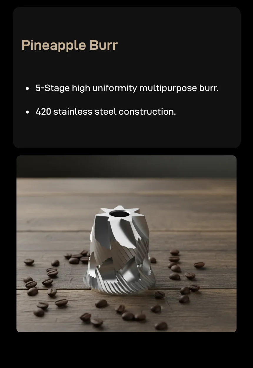 What's new — Pineapple Burr: 5-stage high-uniformity multipurpose burr in 420 stainless steel, standing among coffee beans