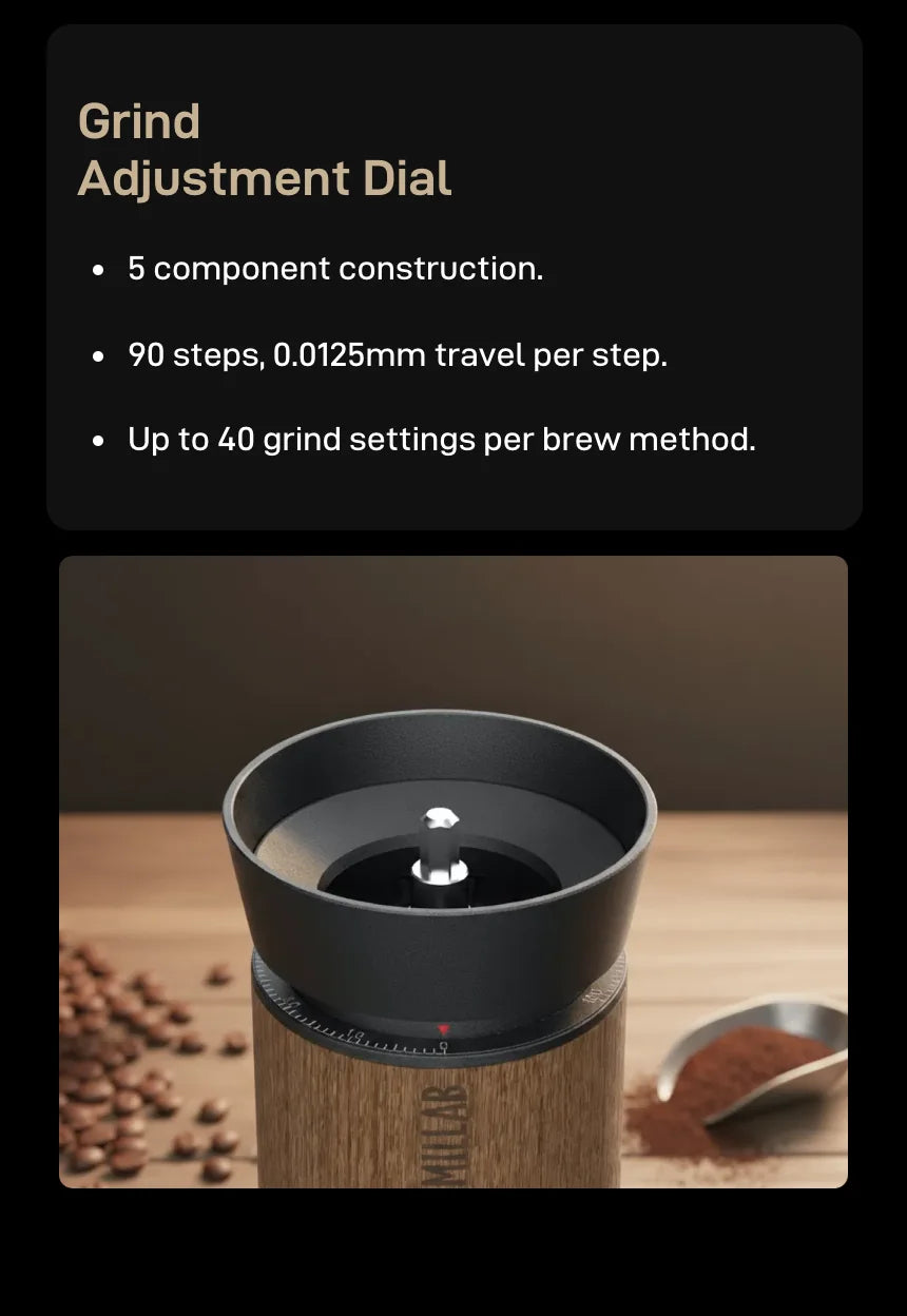 What's new — Grind Adjustment Dial: 5-component construction, 90 steps of 0.0125mm travel, up to 40 grind settings per brew method; shown on the walnut M01 with the hopper open