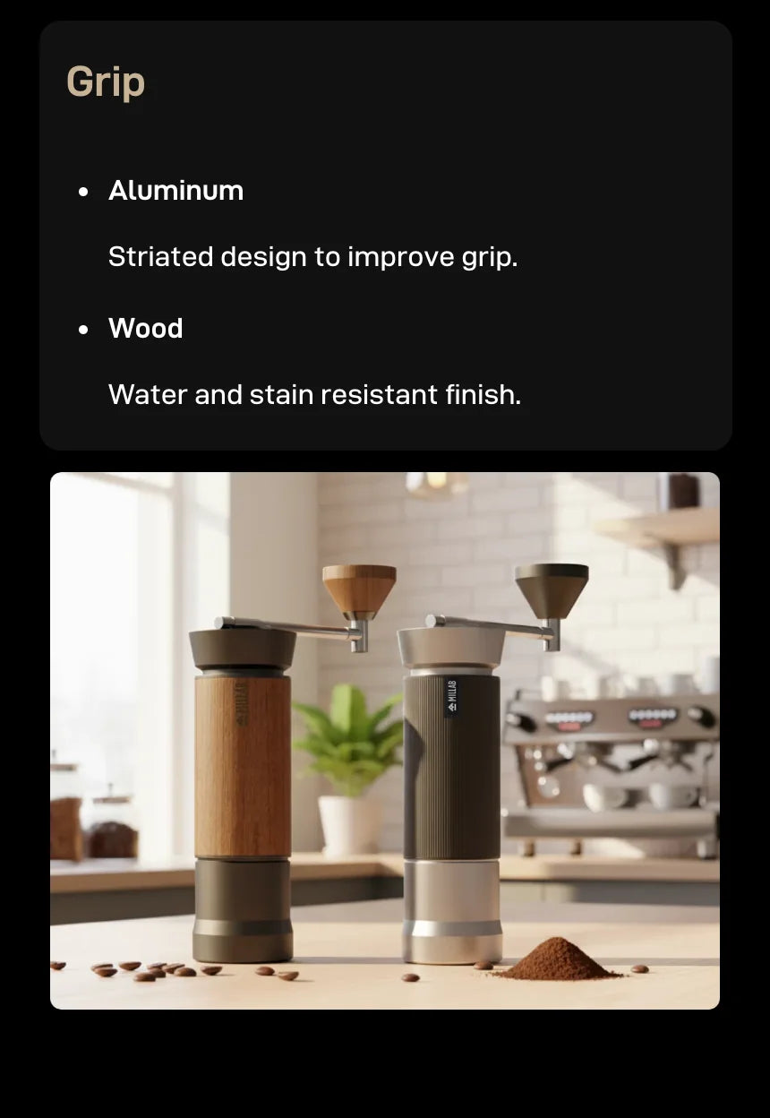 What's new — Grip: striated aluminium or water- and stain-resistant walnut wood, shown on two M01 grinders side by side