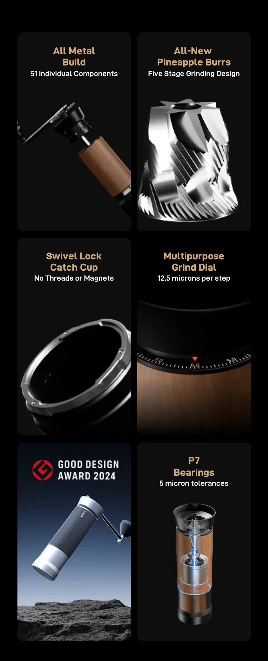 Six feature cards for the M01: All Metal Build with 51 individual components; All-New Pineapple Burrs with a five-stage grinding design; Swivel Lock Catch Cup with no threads or magnets; Multipurpose Grind Dial at 12.5 microns per step; Good Design Award 2024; P7 Bearings with 5 micron tolerances