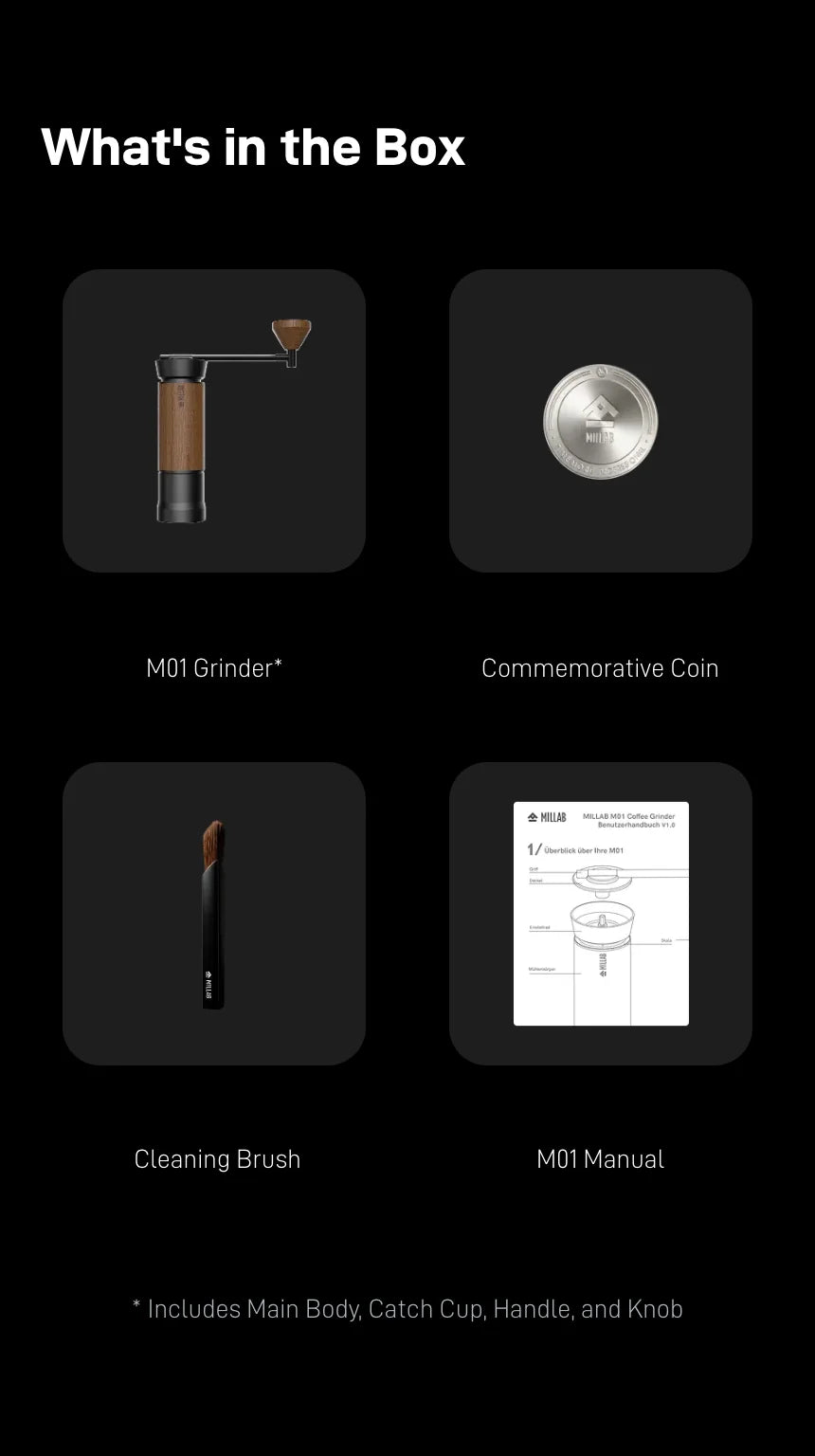 What's in the box: M01 grinder (main body, catch cup, handle and knob), commemorative coin, cleaning brush and M01 manual