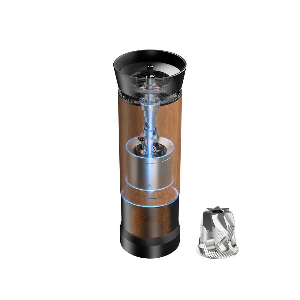 Cutaway render of the TIMEMORE x MILLAB M01 manual coffee grinder in black with walnut grip, showing the burr and shaft inside the body, with the pineapple burr shown separately beside it