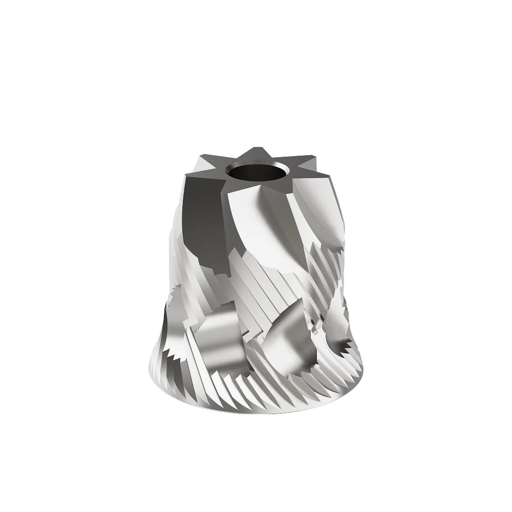 The 44mm stainless steel pineapple burr of the M01 on a white background, showing its tall, spiralled five-stage cutting geometry