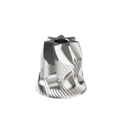The 44mm stainless steel pineapple burr of the M01 on a white background, showing its tall, spiralled five-stage cutting geometry