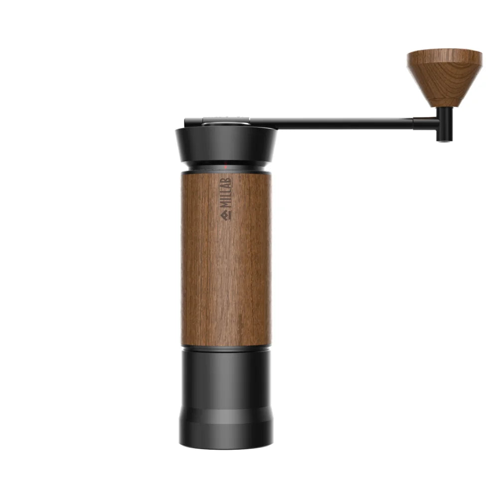 TIMEMORE x MILLAB M01 manual coffee grinder in Black: matte black body with walnut grip and walnut knob, front view on white