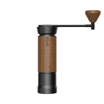 TIMEMORE x MILLAB M01 manual coffee grinder in Black: matte black body with walnut grip and walnut knob, front view on white
