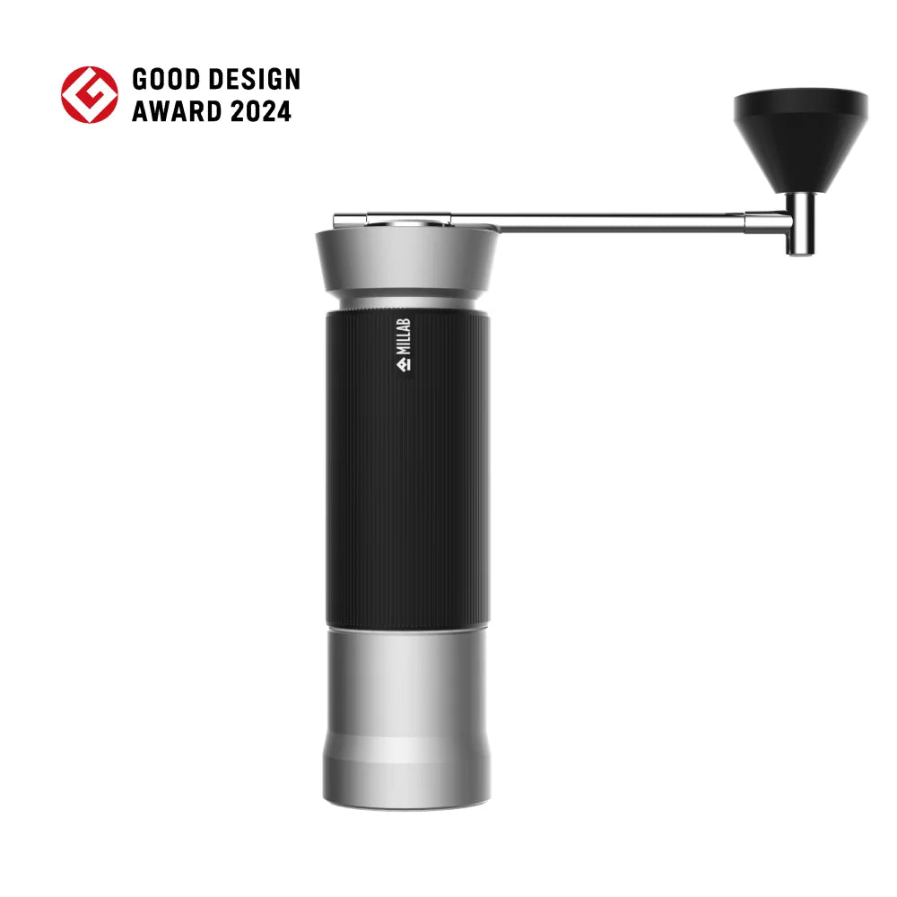 TIMEMORE x MILLAB M01 manual coffee grinder in Silver: quicksilver aluminium body with black grip and black knob, front view on white with the Good Design Award 2024 mark