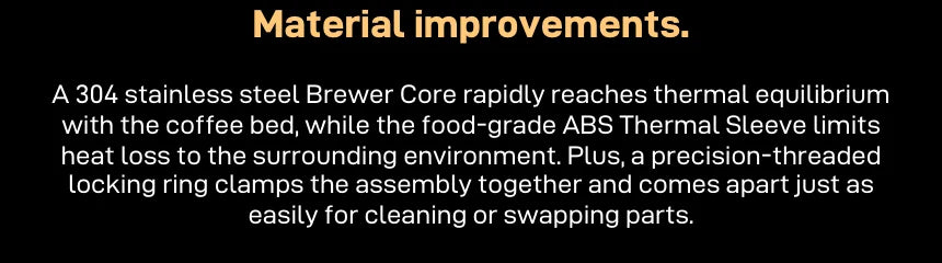 Material improvements. Text: a 304 stainless steel Brewer Core rapidly reaches thermal equilibrium with the coffee bed, while the food-grade ABS Thermal Sleeve limits heat loss to the surrounding environment; a precision-threaded locking ring clamps the assembly together and comes apart just as easily for cleaning or swapping parts