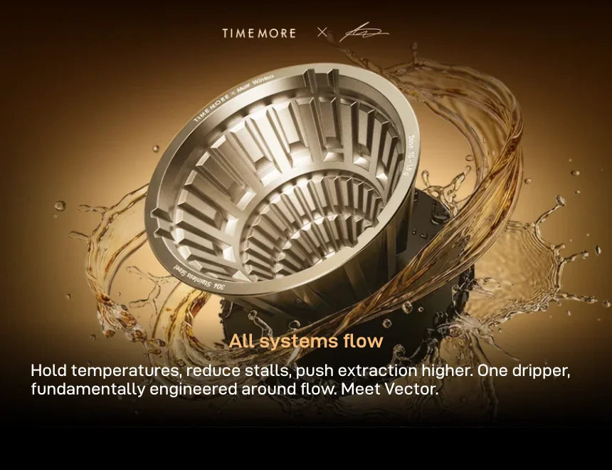 All systems flow: render of the VECTOR stainless steel Brewer Core in a swirl of brewed coffee under the TIMEMORE x Matt Winton marks, with the text: Hold temperatures, reduce stalls, push extraction higher. One dripper, fundamentally engineered around flow. Meet Vector.